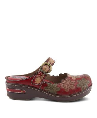 Women's Flochino Leather Clogs with Floral Ankle Strap, Scalloped Edges, Brass Buckles, and Plush Microsuede Footbed – Comfort Slip-Ons