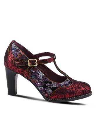 Women s Mazie Closed-Toe T-Strap Heels in Floral Metallic and Mosaic Leather with Decorative Buckle and Stacked Heel