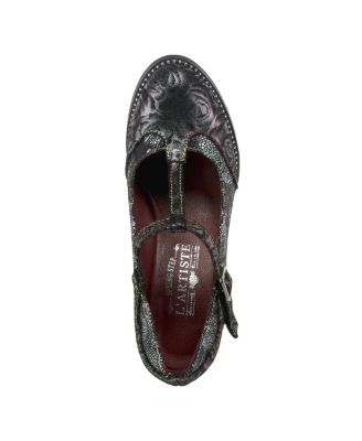 Women s Mazie Closed-Toe T-Strap Heels in Floral Metallic and Mosaic Leather with Decorative Buckle and Stacked Heel