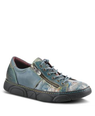 L’Artiste Women’s DANLI-BLOOM Zippered Platform Sneakers in Hand-Painted Leather with Floral Embossing and Rainbow Stitching