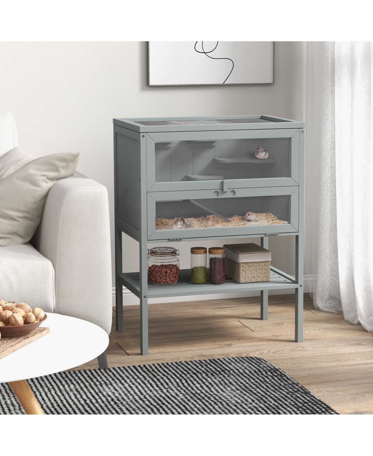 PawHut 3-Tier Wooden Hamster Cage w/ Openable Top, Front Door, Shelf,