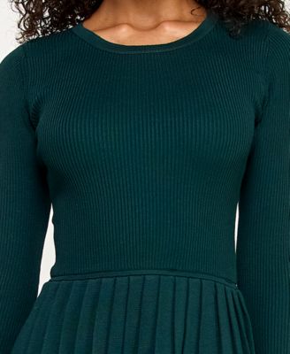 Juniors Pleated Round Neck Fit & Flare Sweater Dress