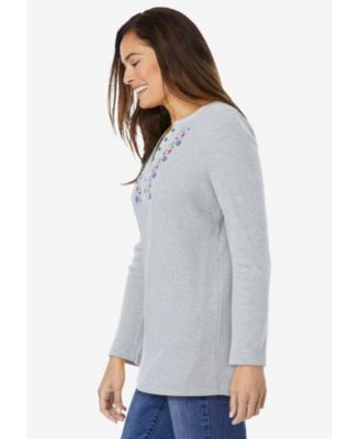 Women's Plus Size Embroidered Thermal Henley Tee