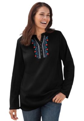 Women's Plus Size Embroidered Thermal Henley Tee