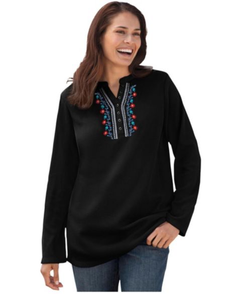 Женская футболка Woman Within Within Embroidered Thermal Henley, цвет: Чёрный