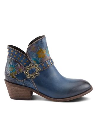Women's Daintylady Western Ankle Boots with Hand-Painted Floral Embossing, Studded Belt Detail – Feminine Cowgirl-Inspired Comfort Booties