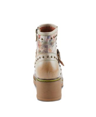 Women's Branchout Hand-Painted Leather Booties with Etched Botanical Motifs, Studded Buckle Strap, Inside Zipper, and Rainbow Stitching