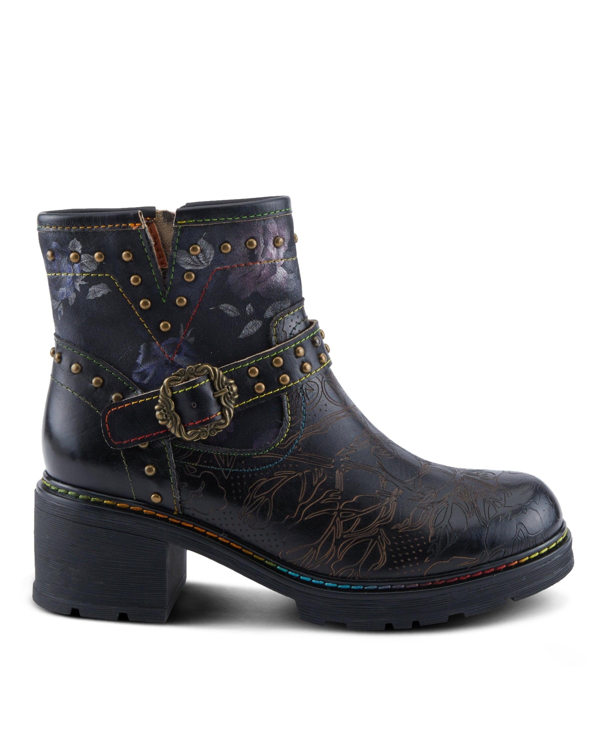 L'Artiste Women's Branchout Hand-Painted Leather Booties with Etched Botanical Motifs, Studded Buckle Strap, Inside Zipper, and Rainbow Stitching