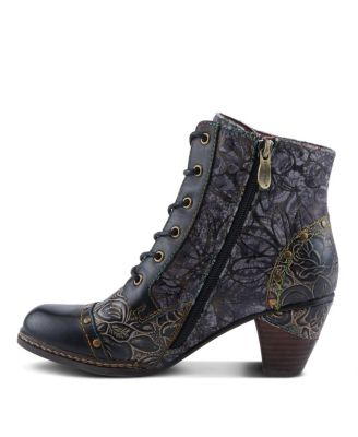 Women's Avyanna Velvet and Leather Ankle Boots with Embossed Floral Design, Cap Toe, Dual Zippers, and Low Heel