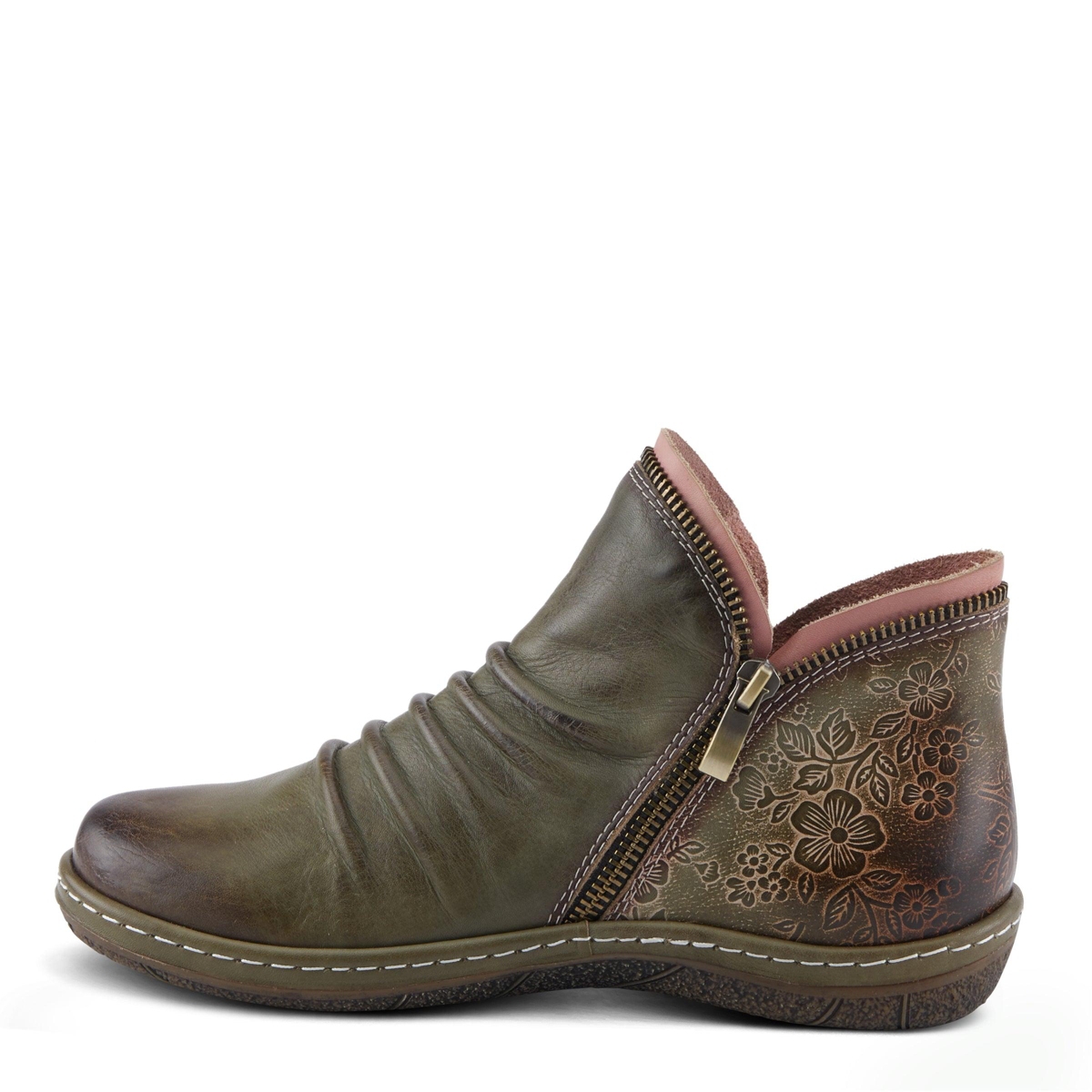 L'Artiste Women's Chesapeake Hand-Painted Leather Booties with Ruched Front, Inside Zipper, Floral Details, and Flexible Sole – Comfortable Boho-Inspi
