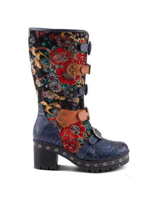 L Artiste Women s BRAZEN Mid-Shaft Boot with Embossed Floral Leather, Buckled Straps & Faux Fur Lining