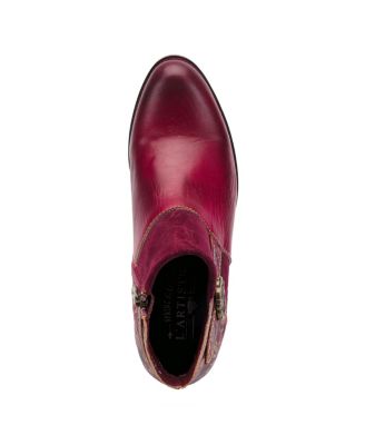 Women's Tiatia Hand-Painted Leather Ankle Boots with Asymmetrical Buckle Strap, Embossed and Suede Panels, Block Heel, and Side Zipper