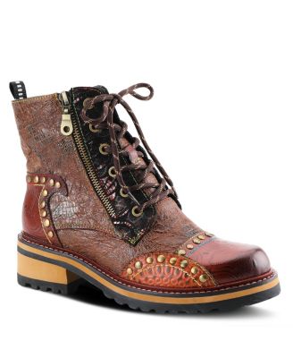 Women's Rugup Hand-Painted Leather Booties with Mixed Textures, Decorative Studs, Lace-Up and Zipper Closure, Faux Fur Lining, and Lug Sole