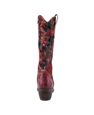L Artiste Women s RODEOQUEEN-VIV Western Tall Boots with Embossed Leather, Floral Velvet Shaft, and Stacked Heel
