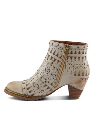 Women's Niobe Leather Ankle Boots with Burnished Finish, Gold Studs, Etched Patterns, Inside Zipper, and Rainbow Stitching – Artisan Booties
