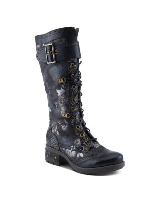 Women's Kisha-Boss Tall Leather Combo Boots with Lace-Up Front, Inside Zipper, Stretch Strap, and Lug Sole