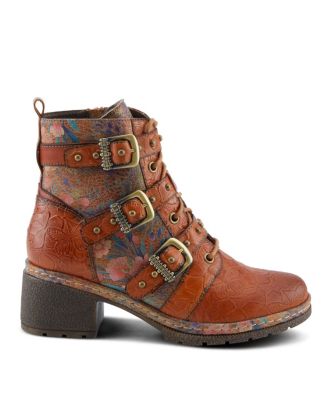L Artiste Women s Moonlit Leather Ankle Boots with Floral Embossing, Triple Buckle Straps, Inside Zipper, Lug Sole, Velvet Lining, and Brass Accents