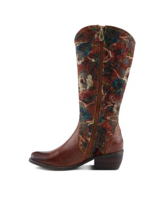 L Artiste Women s RODEOQUEEN-VIV Western Tall Boots with Embossed Leather, Floral Velvet Shaft, and Stacked Heel
