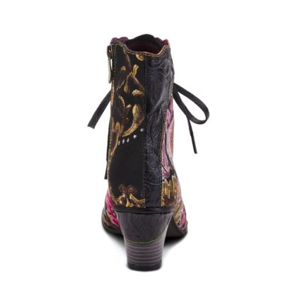 L’Artiste Women’s SIREN Embroidered Floral Lace-Up Booties with Embossed Leather, Scalloped Trim & Cone Heel