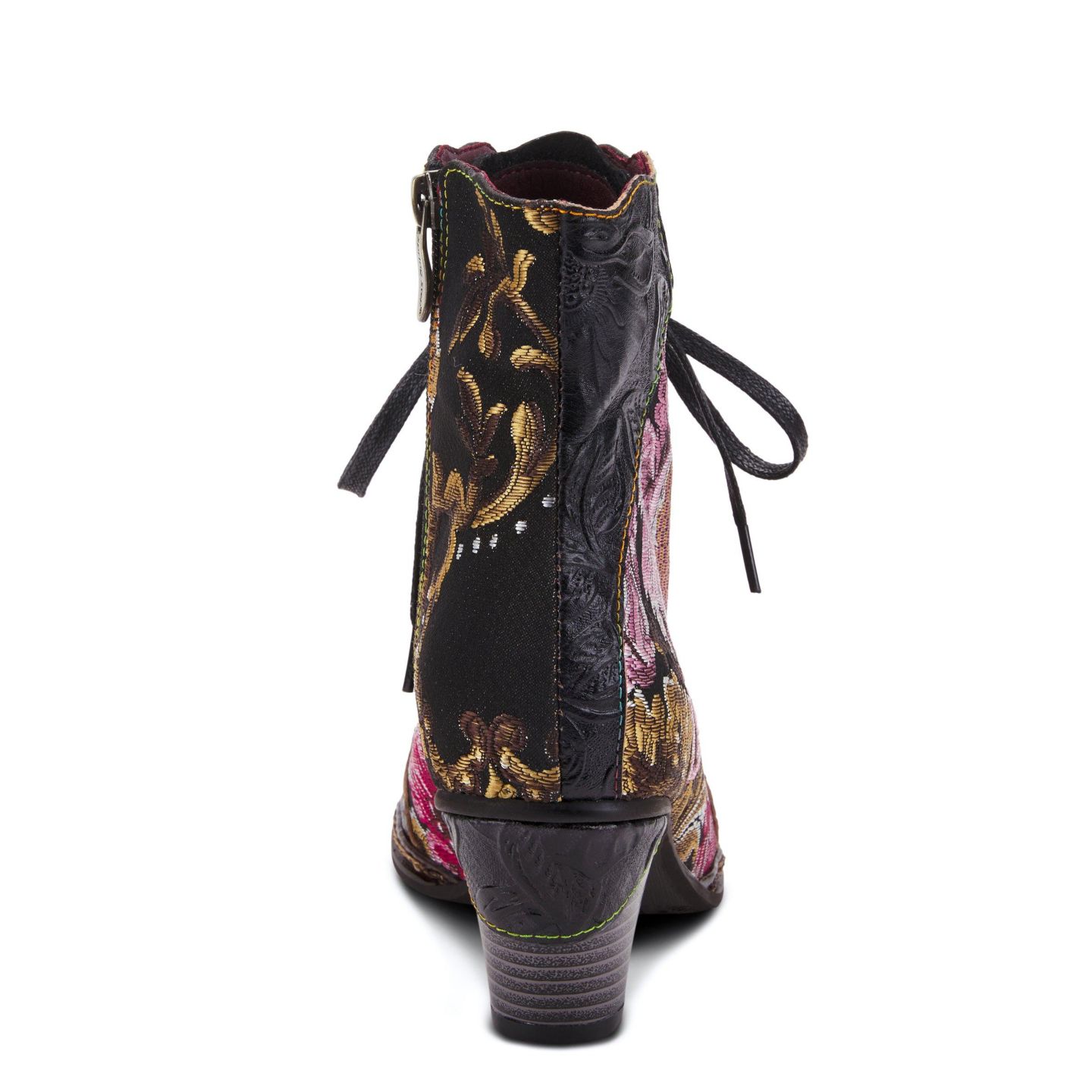 Женские ботинки L'Artiste Siren Embroidered Floral Lace-Up Booties with Embossed Leather, Scalloped Trim & Cone Heel, цвет: Чёрный разноцветный — фото 6