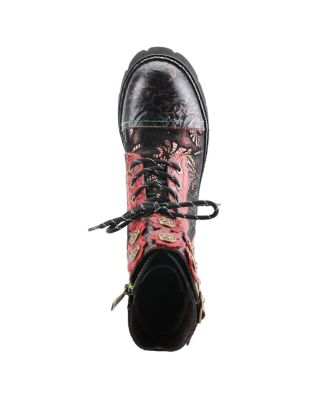 L Artiste Women s LIMITLESS Leather Combat Boot with Floral Cutouts, Stud Accents & Rainbow Stitching Booties