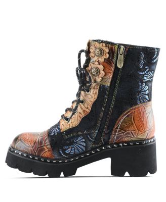 L Artiste Women s LIMITLESS Leather Combat Boot with Floral Cutouts, Stud Accents & Rainbow Stitching Booties