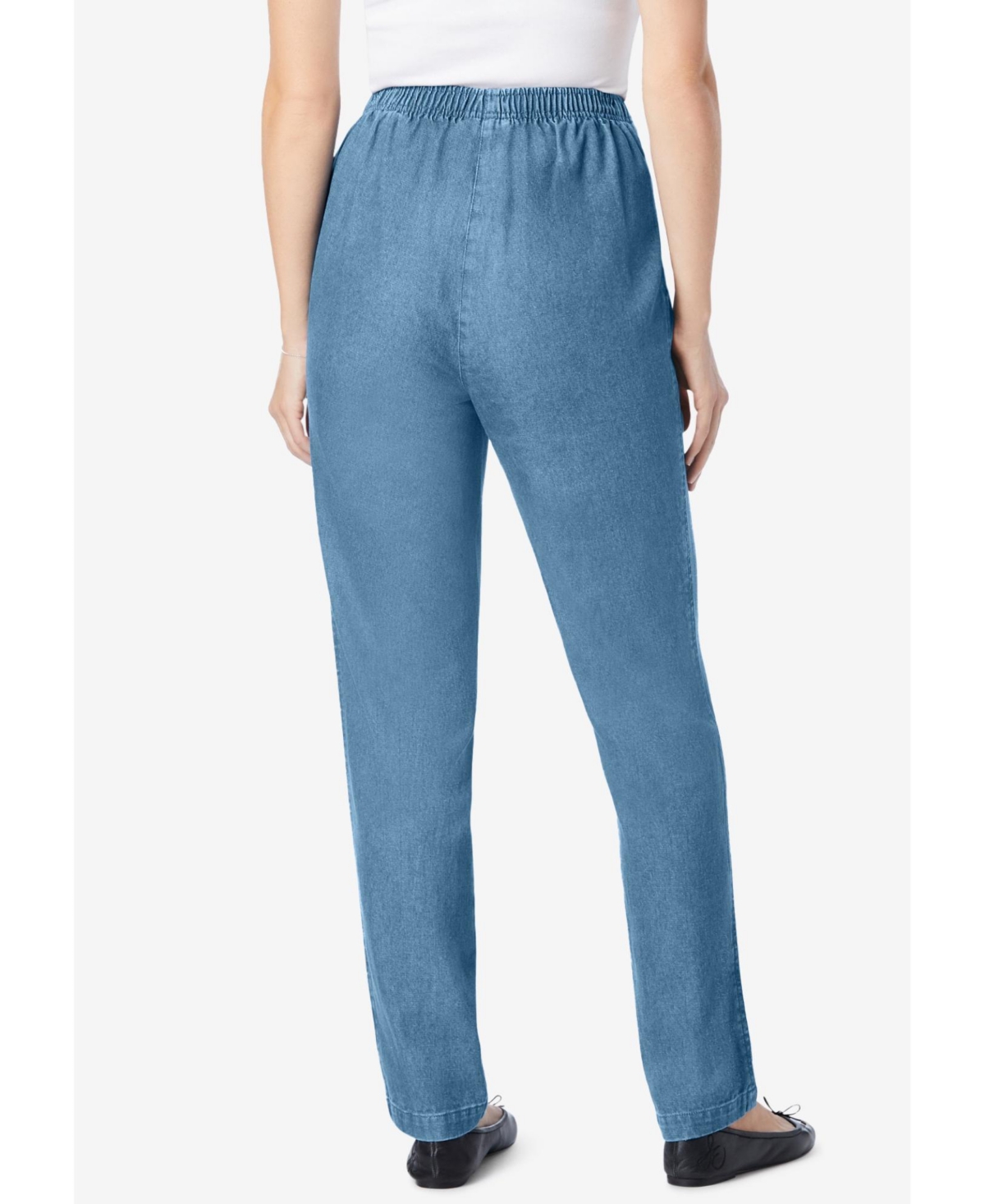 Woman Within Women's Petite Straight-Leg All-Cotton Denim Pull-On 7-Day Elastic-Waist Jeans