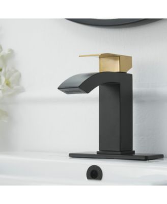 Waterfall Single Hole Single-Handle Low-Arc Bathroom Sink Faucet With Pop-up Drain Assembly In Gold Black