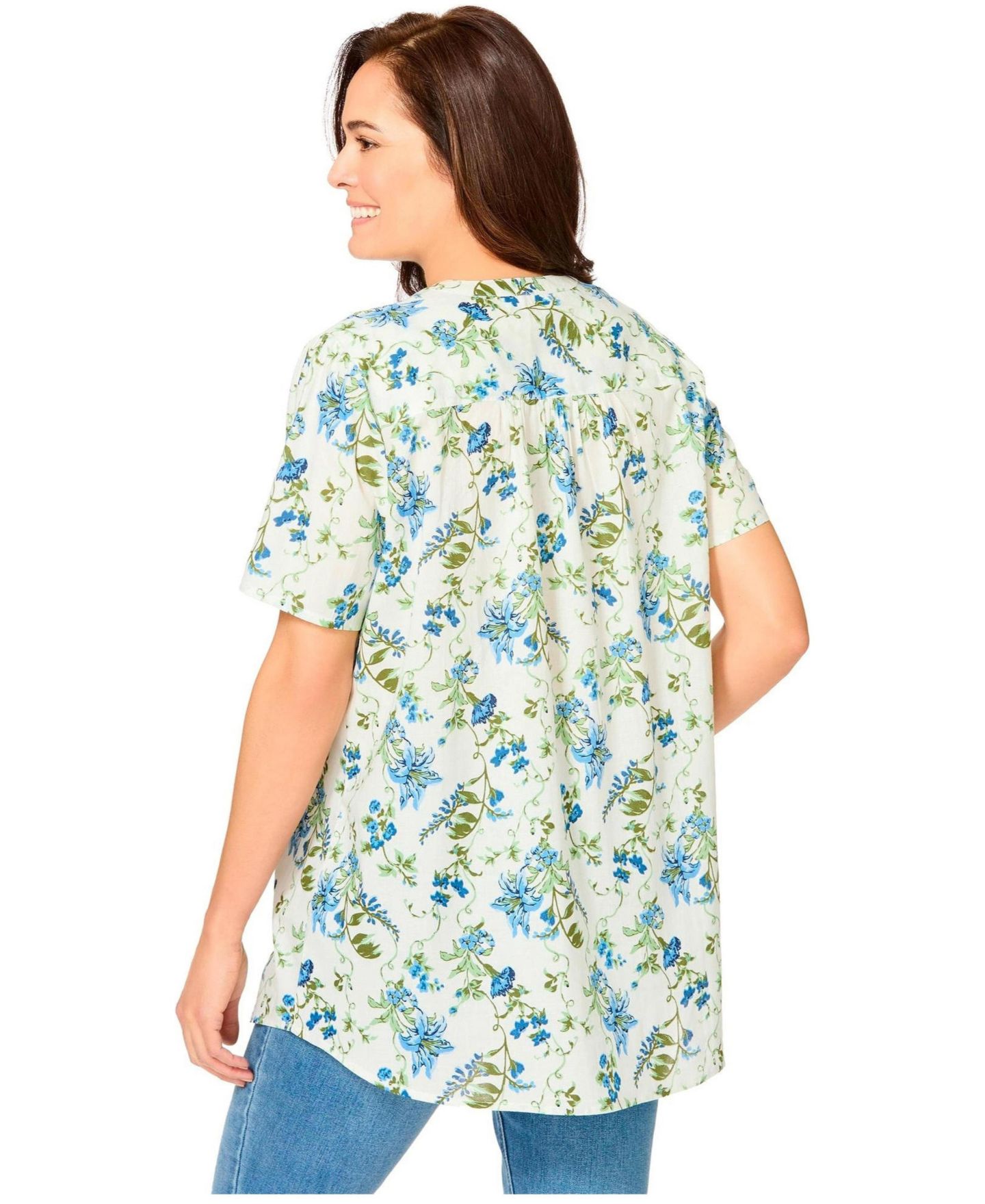 Женский топ Woman Within Plus Size Pintucked Half-Button Tunic, цвет: Синий с принтом — фото 2