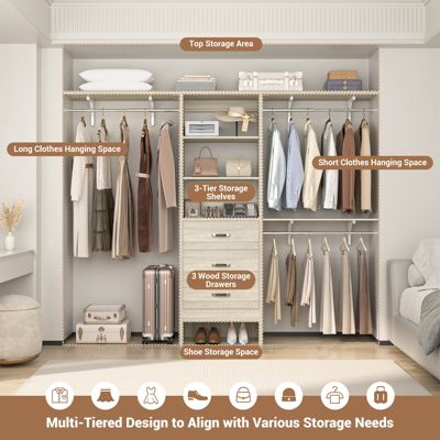 8-Foot Walk-In Closet Organizer with 3 Shelving Towers, Heavy-Duty Clothes Rack and 3 Drawers
