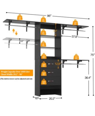 8-Foot Walk-In Closet Organizer with 3 Shelving Towers, Heavy-Duty Clothes Rack and 3 Drawers