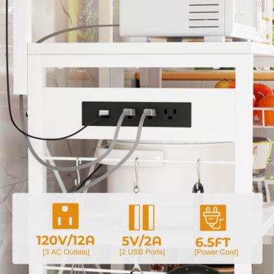 Kitchen Storage Shelf with Hooks, Coffee Bar Station with Power Outlets & LED Light, Bakers Rack with Pull-Out Basket