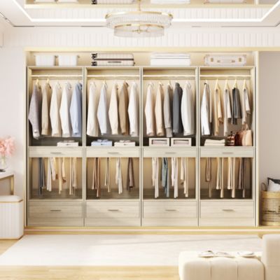 Closet System Organizer with Hanging Area, Freestanding Wooden Closet with Drawers
