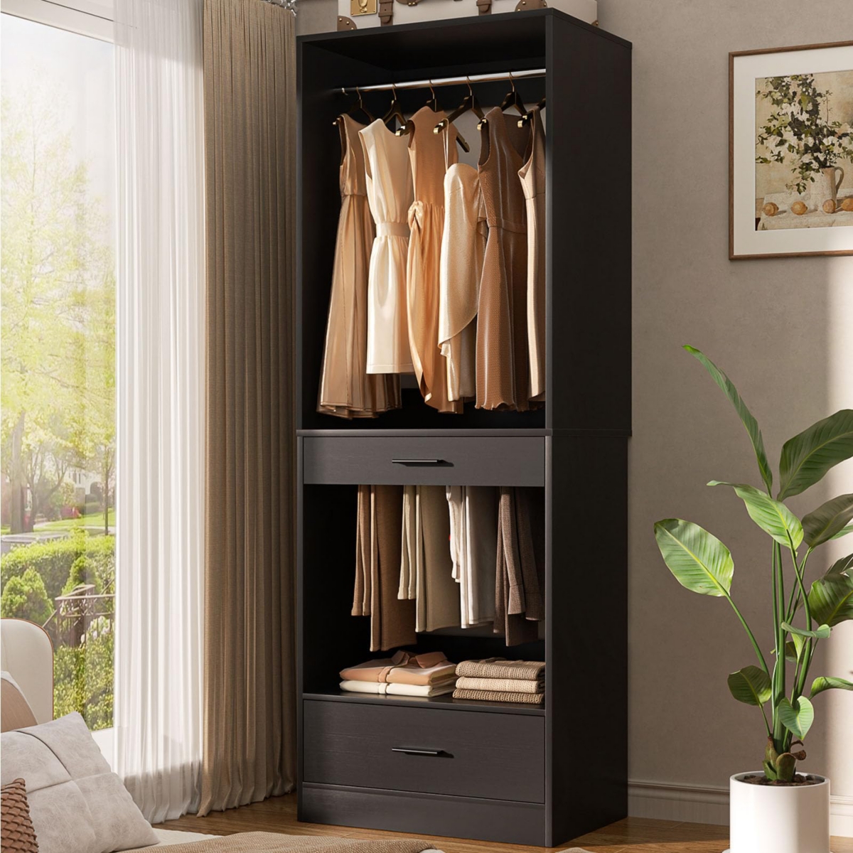 Aheaplus Closet System Organizer with Hanging Area, Freestanding Wooden Drawers