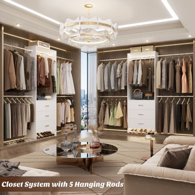 3 Wood Drawers and 4 Retractable Hanging Rods Adjustable Closet System