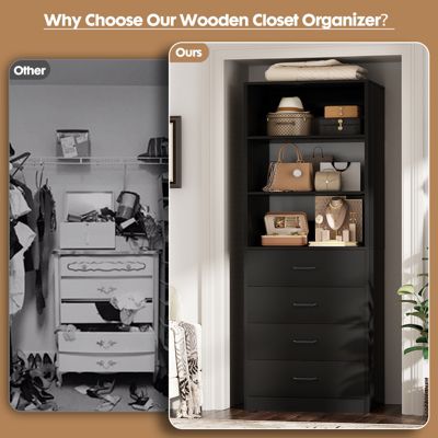 21.3-Inch Closet Drawer System, Walk-In Closet Tower with 4 Wooden Drawers and Shelves