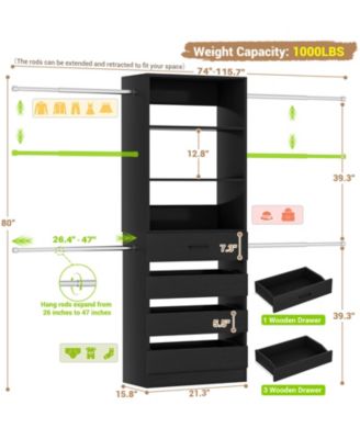 8FT Wall Mounted Closet System with 4 Drawers and 4 Hanging Rods, Garment Rack with Shelves