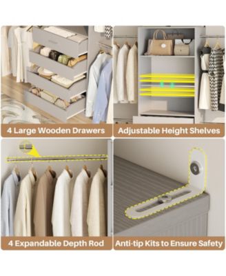 8FT Wall Mounted Closet System with 4 Drawers and 4 Hanging Rods, Garment Rack with Shelves
