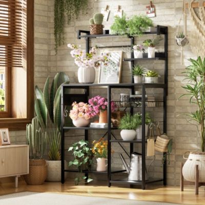 Kitchen Storage Shelf with Hooks, Coffee Bar Station with Power Outlets & LED Light, Bakers Rack with Pull-Out Basket