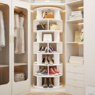 7-Tier Rotating Shoe Rack, 360° Display Wooden Revolving Shoe Rack Tower