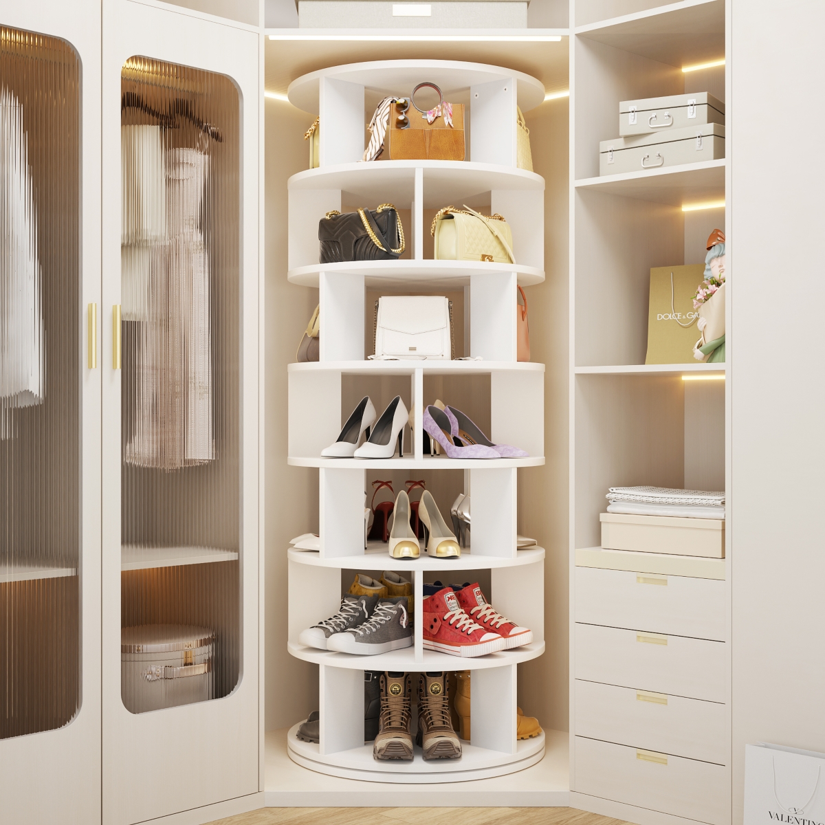 7-Tier Rotating Shoe Rack, 360° Display Wooden Revolving Shoe Rack Tower