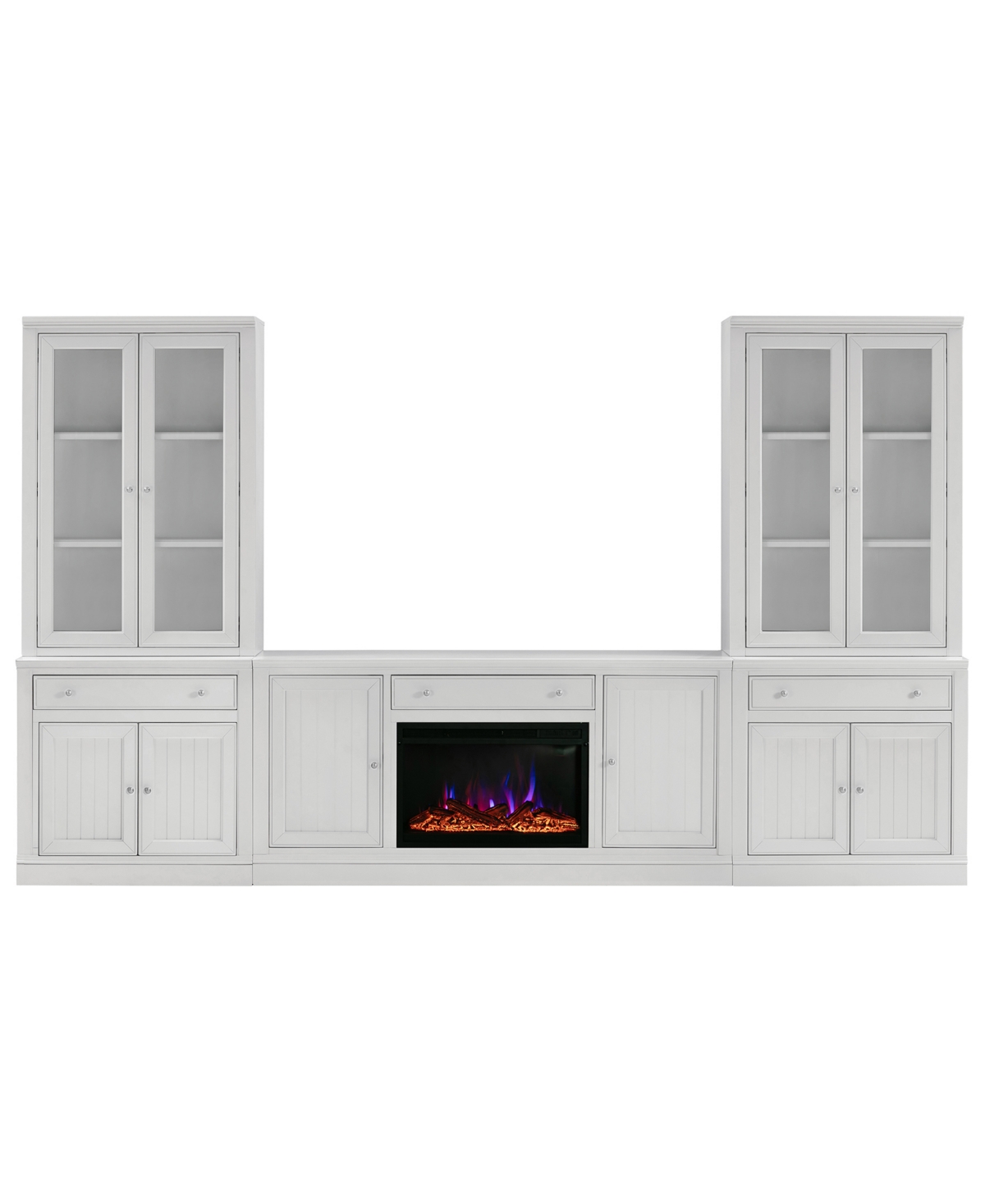 Macy's Amren 65" 2 Door Console And 2 Door Hutches With 2 Door Bases With Drawers And Fireplace Insert In White