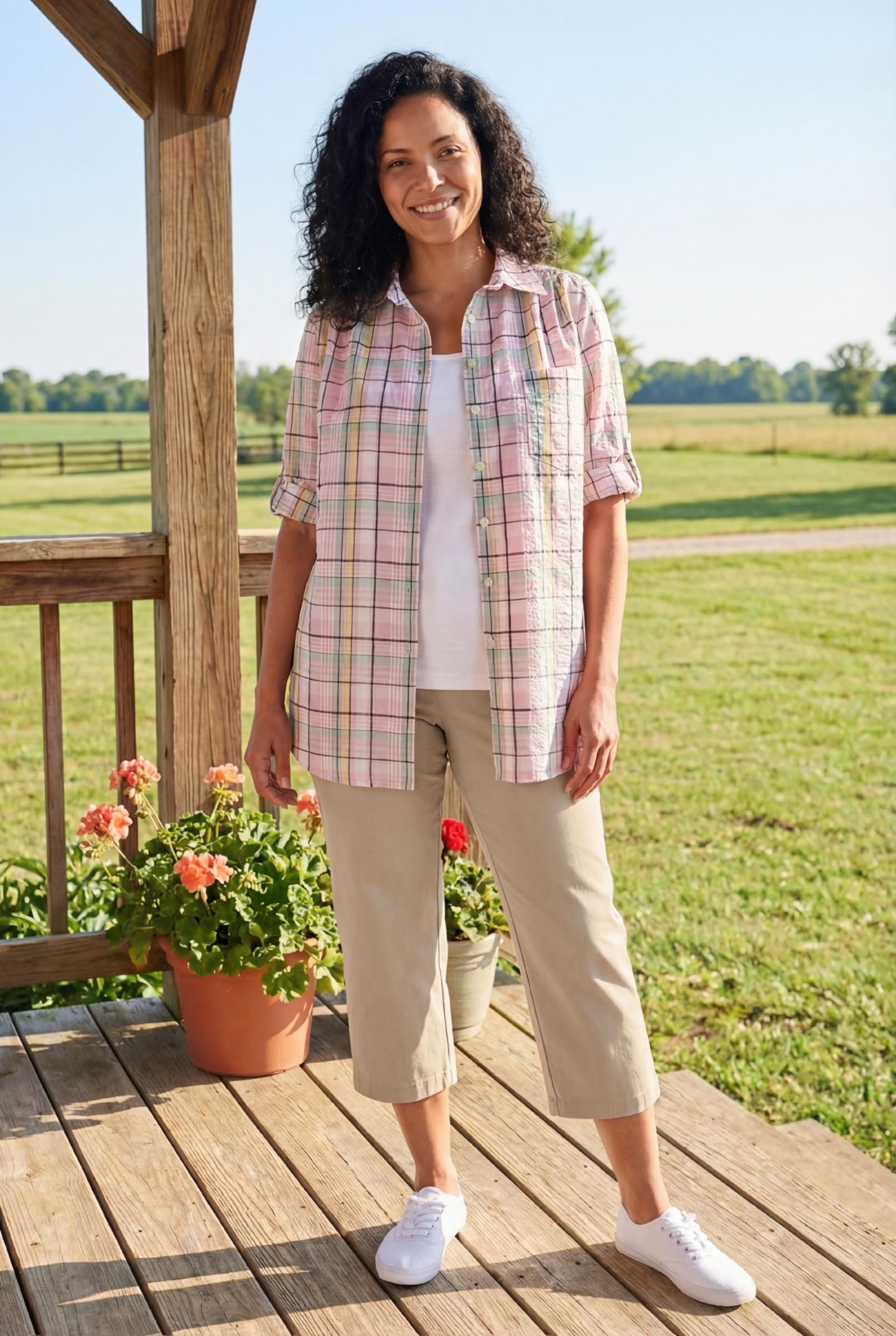Женская рубашка Woman Within Within Short-Sleeve Button-Down Cotton Seersucker, цвет: Хаки клетчатый — фото 3