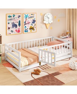 Twin Size Floor Bed w/High Fence & Door Safety Guardrails Wood Floor Bed Frame