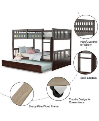 Full over Full Bunk Bed Platform Wood Bed w/ Trundle & Ladder Rail