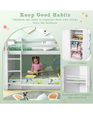 Twin Over Twin Bunk Bed Wood Frame Storage Shelves Ladder Guardrails Kids