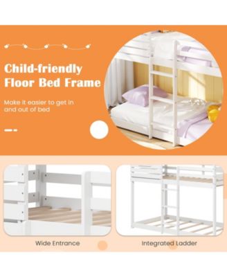 Twin over Twin House Bunk Bed Low-to-ground Bed Frame w/ Roof Solid Wood Bed
