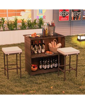 3 Pieces Patio Bar Set PE Wicker Outdoor Bar Table & Stools Set w/ Removable Cushions