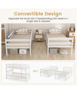 Twin Over Twin Bunk Bed Wooden Convertible Into 2 Beds High Guardrails