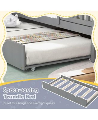 Twin Size House Bed with Trundle Fence Decor Wooden Windows Tall Roof